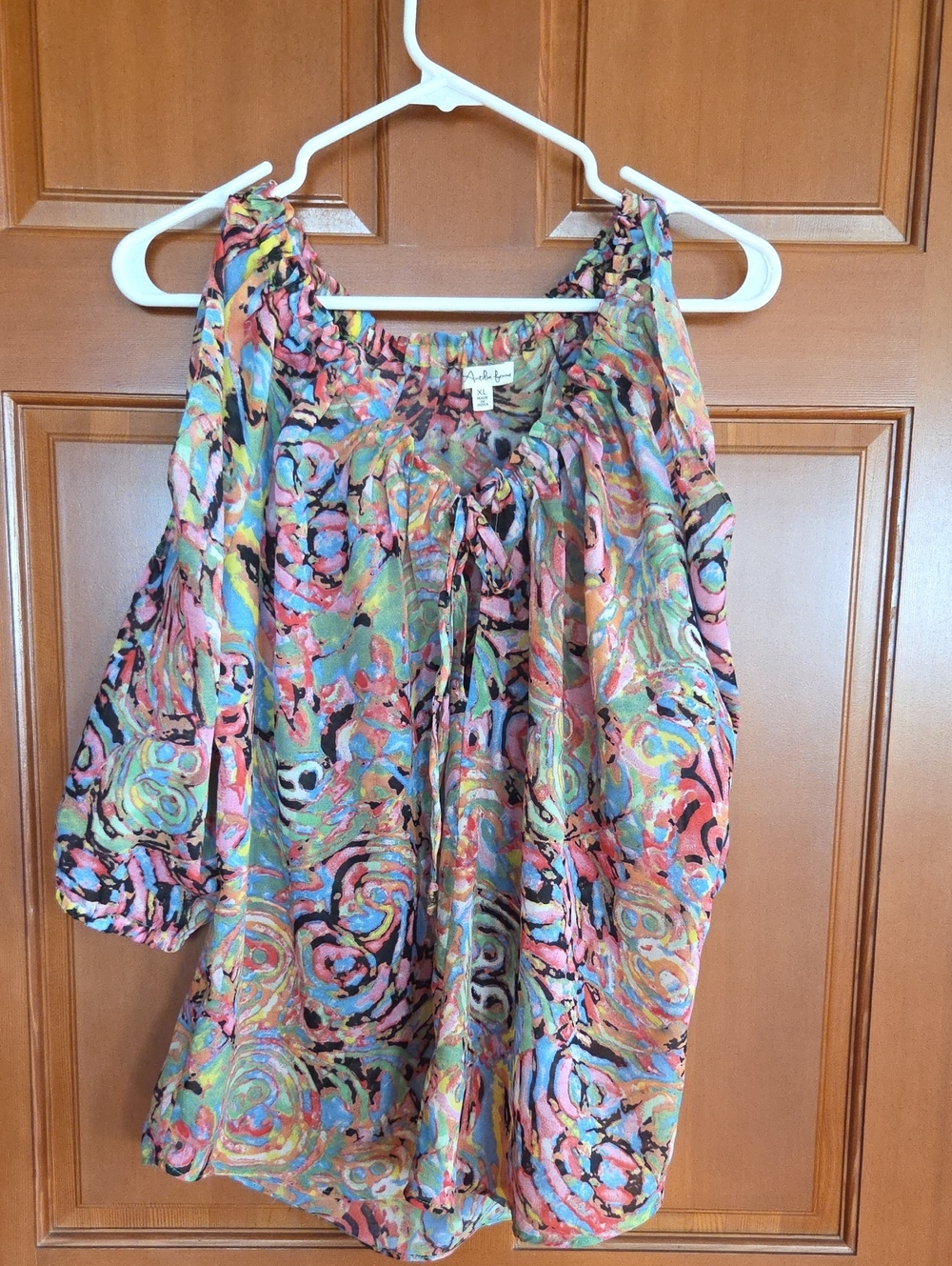 Antila Femme Multicolor Cold Shoulder Blouse  Vibrant Abstract Print PP 23" L26"